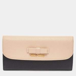 Miu Miu Black/Beige Leather Bow Flap Continental Wallet