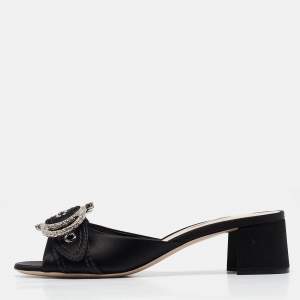 Miu Miu Black Satin Buckle Detail Crystal Embellished Slide Sandals Size 40