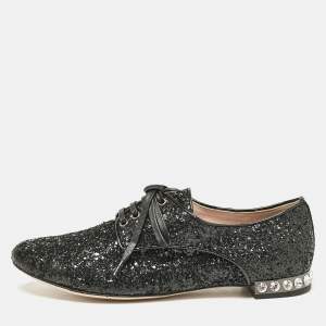 Miu Miu Black Glitter Crystal Embellished Heels Lace Up Derby Size 36