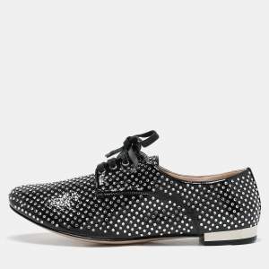 Miu Miu Black Patent Leather Crystal Embellished Lace Up Derby Size 36