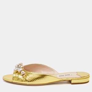 Miu Miu Gold Snakeskin Embossed Leather Bow Flat Sandals Size 36
