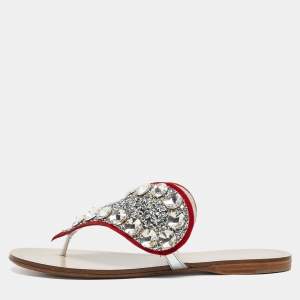 Miu Miu Silver/Red Glitter and Suede Crystals Embellished Flats Size 36