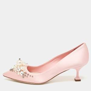 Miu Miu Pink Satin Crystal Embellished Pointed Toe Pumps Size 34