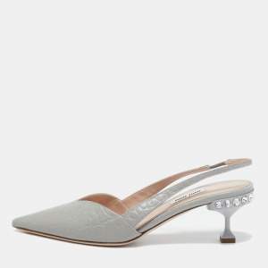 Miu Miu Grey Croc Embossed Leather Slingback Pumps Size 38