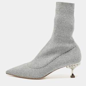 Miu Miu Silver Metallic Knit Fabric Crystal Embellished Sock Boots Size 41