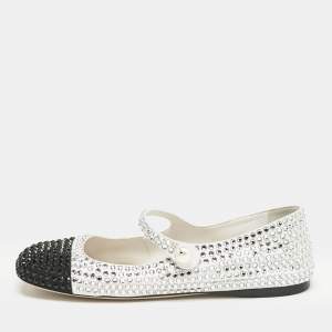 Miu Miu Black/White Canvas Crystals Embellished Mary Jane Ballet Flats Size 39