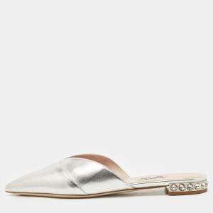 Miu Miu Metallic Silver Leather Crystal Embellished Mules Size 39