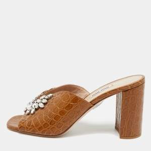 مملوكة مسبقًا Miu Miu Size 40 Brown Crocodile Leather Crystal Embellished Slide Sandals