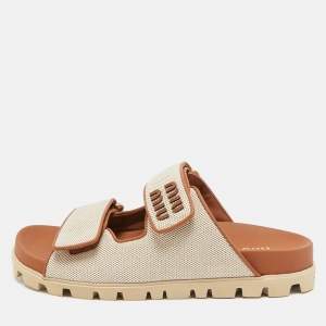 Pre Owned Miu Miu Size 38 Cream Fabric Logo Slide Sandals