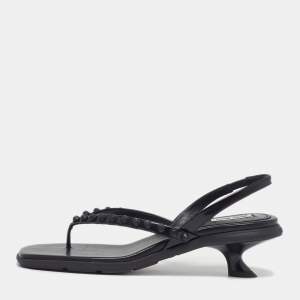 Pre Owned Miu Miu Size 38 Black Leather Studds Thong Slingback Sandals