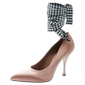 Miu Miu Beige Satin Ankle Wrap Pointed Toe Pumps Size 39