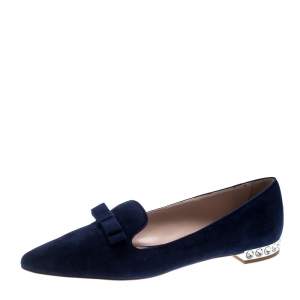Miu Miu Navy Blue Suede Bow Detail Embellished Loafers Size 40