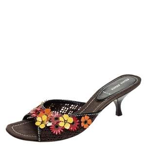 Miu Miu Multicolor Canvas Floral Applique Slide Sandals Size 37.5