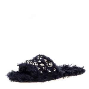 Miu Miu Navy Blue Faux Fur Eco Shearling Flat Slides Size 36.5