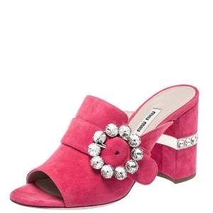 Miu Miu Pink Suede Crystal Embellished Block Heel Sandals Size 37