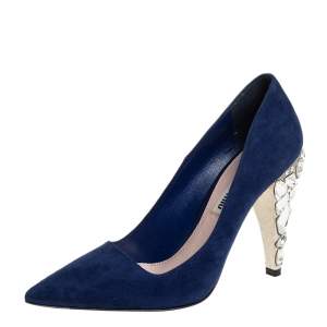Pre Owned Miu Miu Navy Blue Suede Crystal Embellished Heel Pointed Toe Pumps Size 36