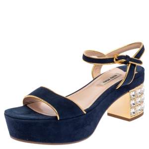 Miu Miu Blue Suede Crystal Embellished Heel Ankle Strap Platform Sandals Size 38