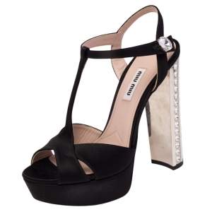 Miu Miu Black Satin Embellished Block Heel Peep Toe Platform Ankle Strap Sandals Size 36.5