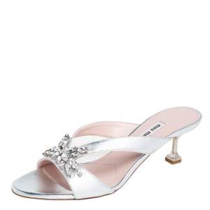 Miu Miu Silver Leather Crystal Embellished Slide Sandals Size 39