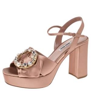 مملوكة مسبقًا Miu Miu Beige Satin Embellished Platform Heel Sandals Size 38