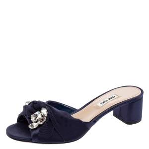 Miu Miu Navy Blue Satin and Knotted Fabric Crystal Embellished Slide Sandals Size 38