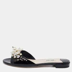Pre Owned Miu Miu Black Patent Leather Pearl Embellished Flat Slides Size 37.5
