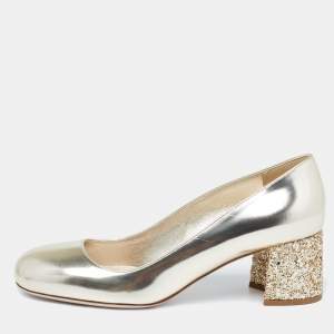 Pre Owned Miu Miu Dull Gold Patent Leather Glitter Heel Round-Toe Pumps Size 37