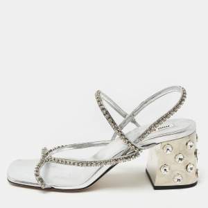 Miu Miu Silver Crystal Embellished Leather Studded Block Heel Sandals Size 37