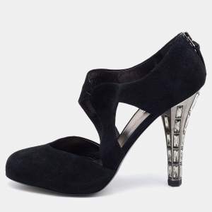 Miu Miu Black Suede Crystal Embellished Heel Pumps Size 36.5