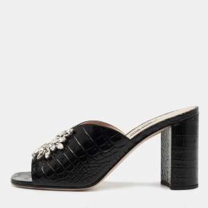 مملوكة مسبقًا Miu Miu Black Croc Embossed Leather Crystal Embellished  Slide Sandals Size 39
