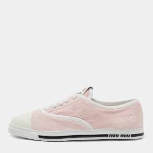 Miu Miu White/Pink Leather and Fabric Lace Up Sneakers Size 39.5