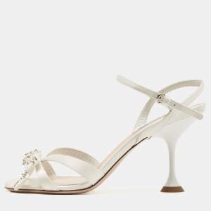 Miu Miu White Satin Beads Embellished Bow Ankle Strap Sandals Size 40
