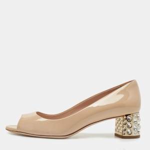 Miu Miu Beige Patent Leather Crystal Embellished Peep Toe Pumps Size 37