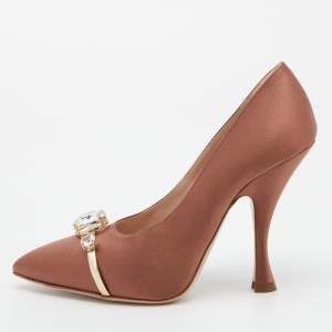 Miu Miu Brown Satin Crystal Embellished Pointed Toe Pumps Size 38.5