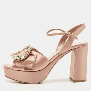 Miu Miu Beige Satin Crystal Embossed Ankle Strap Sandals Size 38.5