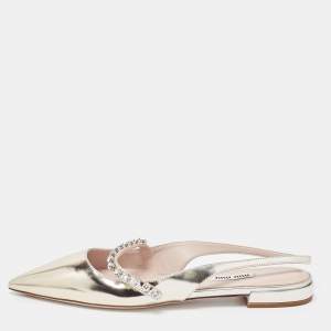 Miu Miu Gold Leather Crystal Embellished Slingback Flats Size 37.5