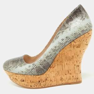 Miu Miu Two Tone Embossed Snakeskin Cork Wedge Pumps Size 37