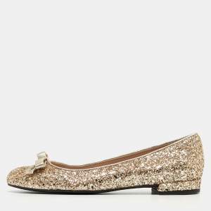 Miu Miu Gold Coarse Glitter Bow Ballet Flats Size 37