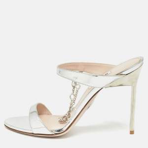 Miu Miu Silver Leather Crystal Embellished Slide Sandals Size 39
