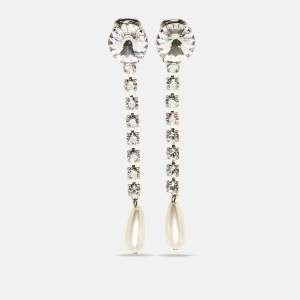 Miu Miu Silver Tone Crystal and Pearl Drop Earrings