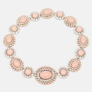 Miu Miu  Pink Composite Crystal Embellished Silver Tone Floral Choker Necklace