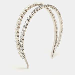 Miu Miu Silver Faux Pearl and Crystal Embellished Double Headband