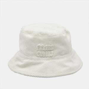 Pre Owned Miu Miu White Logo Corduroy Bucket Hat L