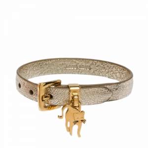 Miu Miu Pyrite Gold Leather Cat Charm Bracelet