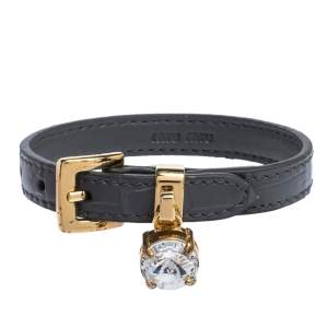 Miu Miu Grey Leather Crystal Gold Tone Bracelet