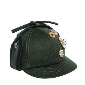 Miu Min Green Embellished Bow Top Felted Wool Cap S