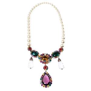 Pre Owned Miu Miu Multicolor Crystal Embellished Faux Pearl Necklace