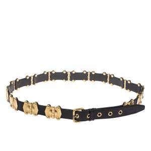 Miu Miu Black Leather Studded Grommet Buckle Belt 90CM