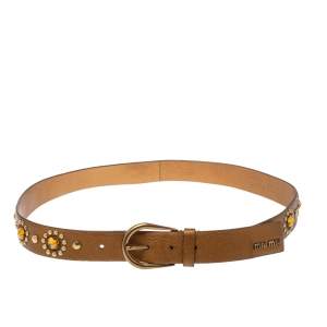 Miu Miu Golden Brown Soft Leather Embellished Buckle Belt 90CM