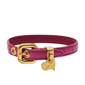 Miu Miu Pink Leather Gold Tone Heart Charm Bracelet